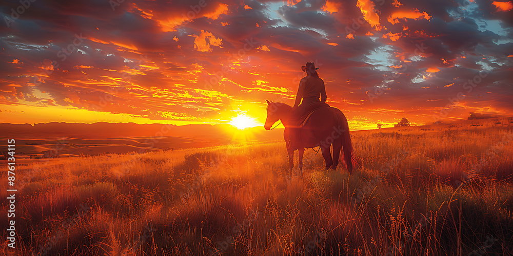 Fototapeta premium Golden Hour Harmony: Horseback Riding in Nature