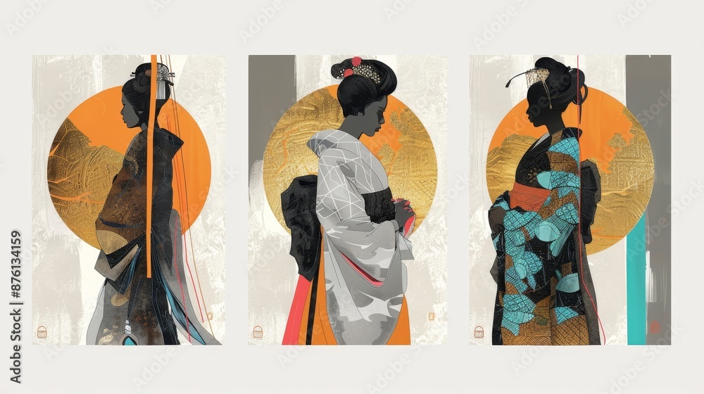 Naklejka premium A woman in a kimono is standing in front of a large globe