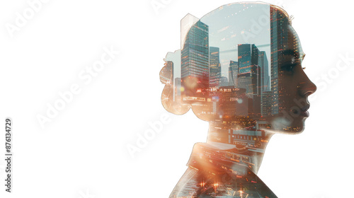 Double exposure of portrait office business workers and building architecture cityscape. creation city concept. Transparent background or PNG file.