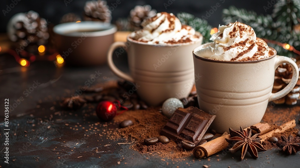 Hot Chocolate with Whipped Cream and Christmas Decorations