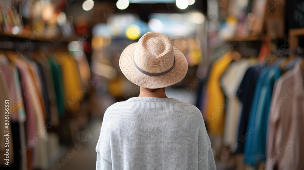 Fototapeta premium A person wearing a hat and white sweater browsing in a vibrant, well-lit clothing store.