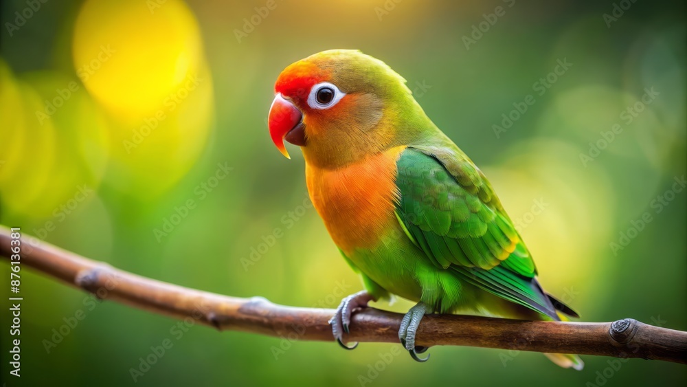 Vibrant green and orange plumage of Fischer's lovebird perched on branch with subtle blurred natural background and soft focus effect. Vibrant green and orange plumage of Fischer's lovebird perched on branch with subtle blurred natural background and soft focus effect.