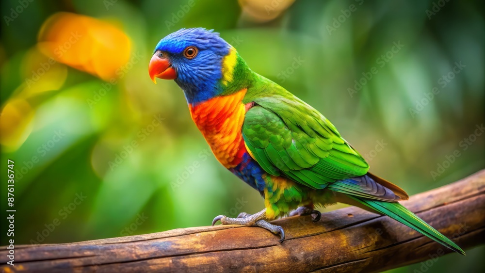 Vibrant green and blue Fischer's lovebird perches on a branch, showcasing bright plumage and distinctive orange forehead feathers. Vibrant green and blue Fischer's lovebird perches on a branch, showcasing bright plumage and distinctive orange forehead feathers.