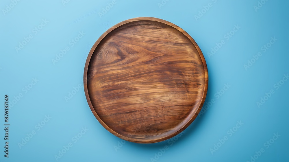 Wooden plate top view isolated on a blue background Wooden plate top view isolated on a blue background