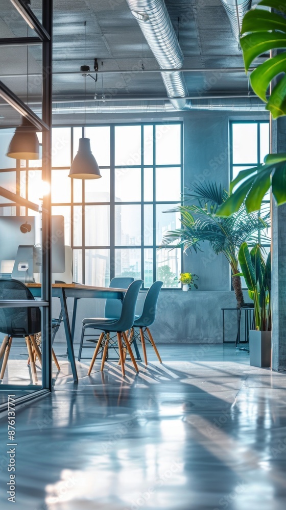 Fototapeta premium Beautiful background of modern office interior in gray and blue tones with panorama, corporate culture, office environment, business, no one, vacation, vacation, HD wallpaper, background, generated by