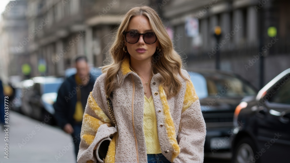 Obraz premium A woman in yellow shirt and sunglasses walking down a city street, AI