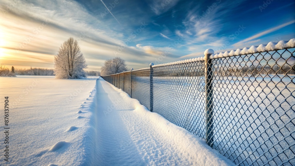 Frozen winter scenery featuring snow-covered chain link fence stretching endlessly into the distance on a serene white background. Frozen winter scenery featuring snow-covered chain link fence stretching endlessly into the distance on a serene white background.