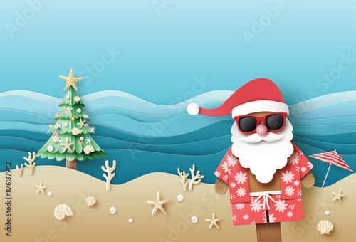 ropical Santa Claus on Sandy Beach with Ocean Waves