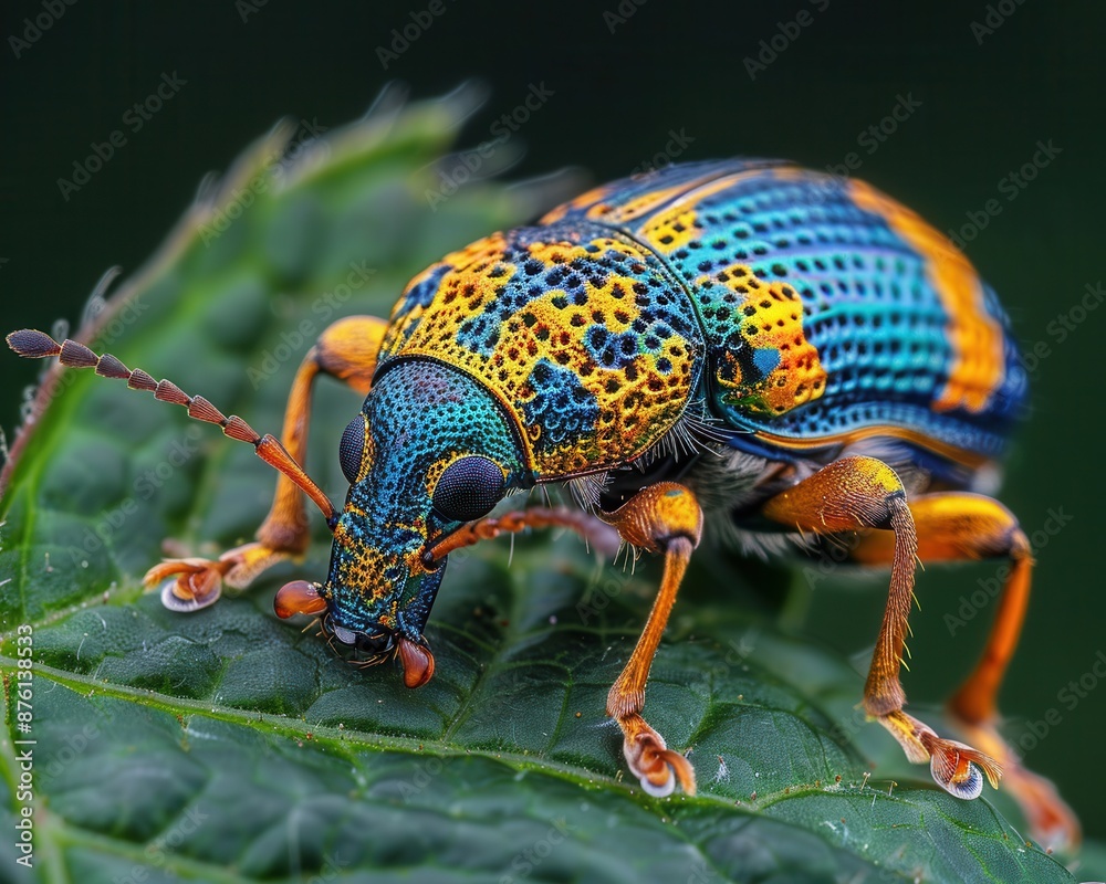 Exquisite Macro Close-up of Colorful Weevil on Leaf with Detailed Patterns and Textures Exquisite Macro Close-up of Colorful Weevil on Leaf with Detailed Patterns and Textures