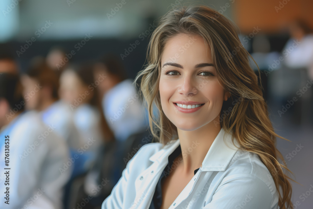 Photograph of a woman doctor, nurse, portrait shot smiling cheerfully, standing front row in class. Photograph of a woman doctor, nurse, portrait shot smiling cheerfully, standing front row in class.