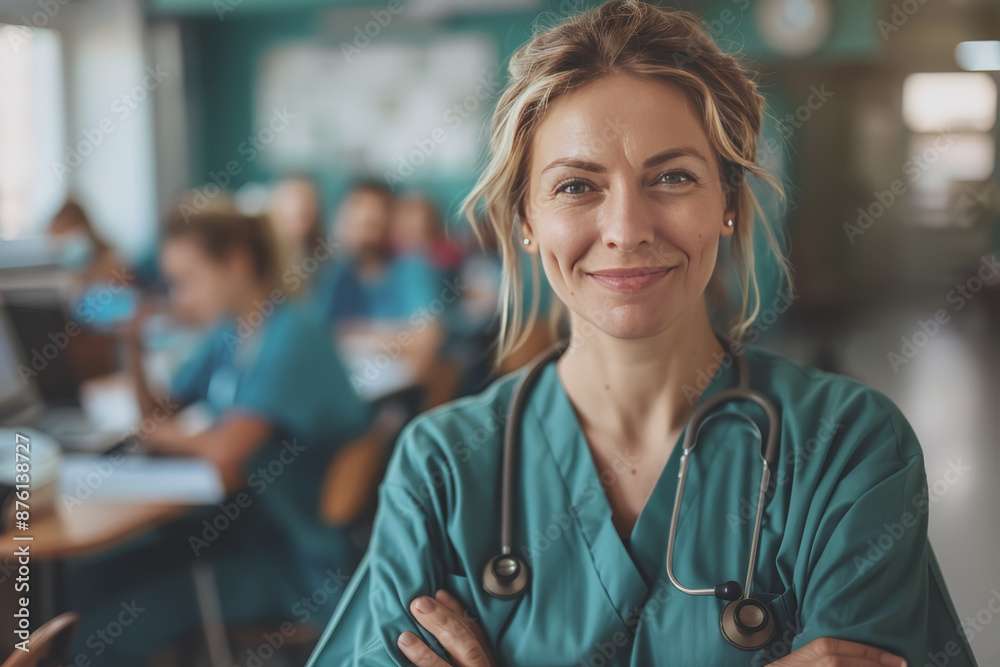 Photograph of a woman doctor, nurse, portrait shot smiling cheerfully, standing front row in class. Photograph of a woman doctor, nurse, portrait shot smiling cheerfully, standing front row in class.