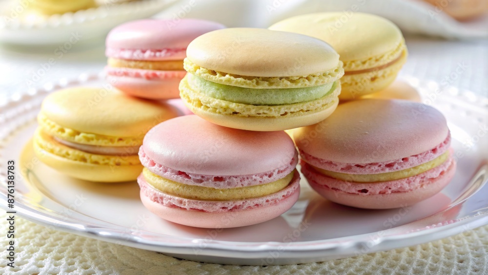 Obraz premium Delicate, chewy French dessert macaroons in soft pastel yellow and pink hues, artfully arranged on a white porcelain plate.