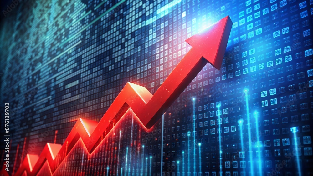 Vibrant red arrow ascends on a dark digital backdrop surrounded by radiant glowing numbers, symbolizing rapid growth, prosperity, and upward momentum. Vibrant red arrow ascends on a dark digital backdrop surrounded by radiant glowing numbers, symbolizing rapid growth, prosperity, and upward momentum.