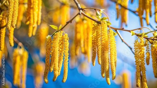 Vibrant birch tree pollen blooms against a soft blue background, symbolizing spring's arrival and the onset of allergy season, with ample copy space.