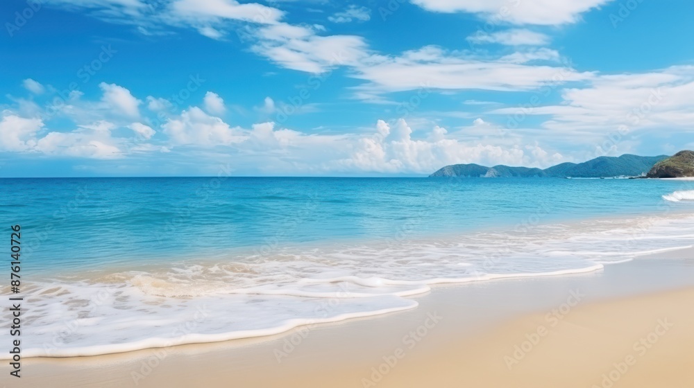 A deserted tropical beach with turquoise water and fluffy clouds stretches towards a sunny horizon A deserted tropical beach with turquoise water and fluffy clouds stretches towards a sunny horizon