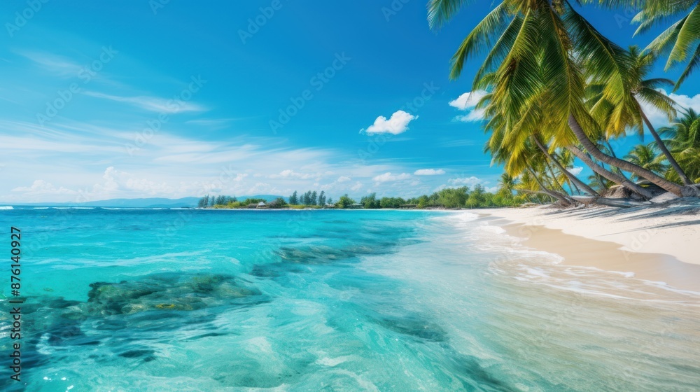 Scenic tropical beach with turquoise water, palm trees swaying under a bright blue sky Scenic tropical beach with turquoise water, palm trees swaying under a bright blue sky