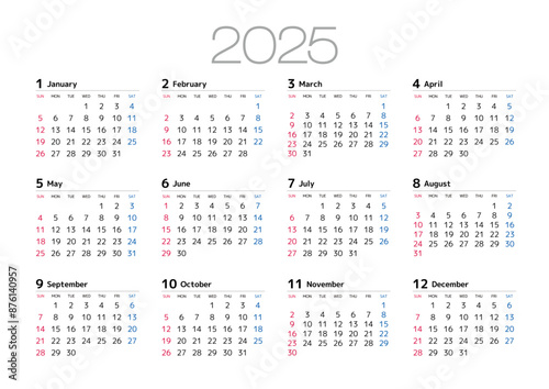 2025年の年間カレンダー日曜始まり日本の祝日表記は無し
