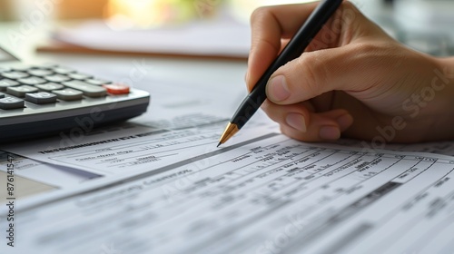 Person Filling Out Tax Form With Pen and Calculator
