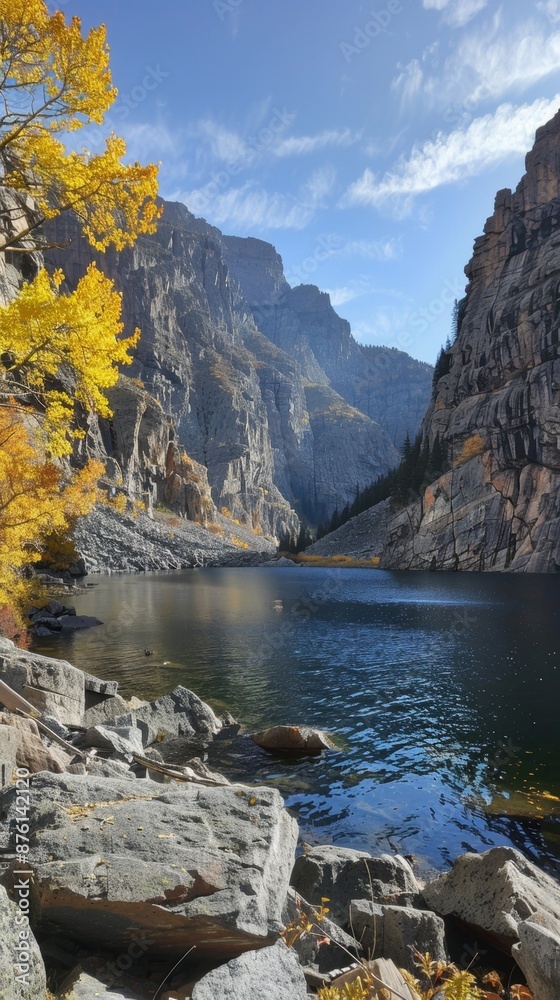 Obraz premium High-Resolution AI-Generated Wallpaper of Rocky Mountain Lake in Beautiful Autumn Scenery with Towering Cliffs and Clear Dark Waters, Reflecting Nature's Seasonal Changes,No one, vacation, vacation, h