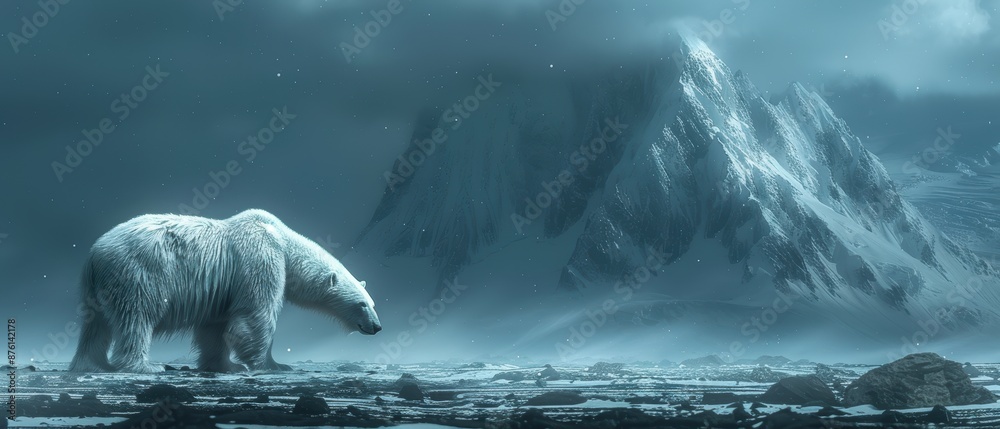 Naklejka premium 4K photograph of a polar bear almost invisible against the snowy Arctic landscape.