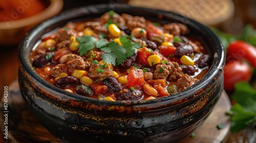 Spicy Chili Con Carne in a Black Bowl