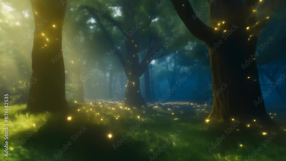 Enchanted forest illuminated by glowing fireflies, with beams of ...