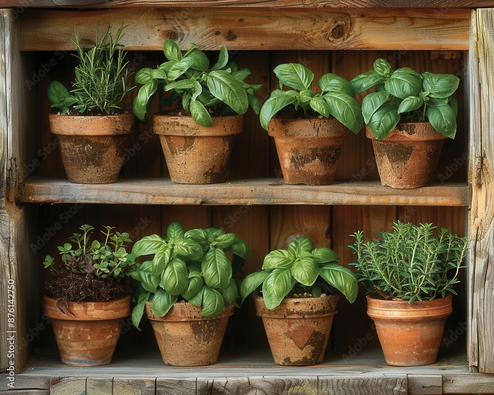Serene Herb Garden Oasis - Aromatic Basil, Fragrant Rosemary, and Fresh Mint Displayed in Pots on Wooden Shelf Serene Herb Garden Oasis - Aromatic Basil, Fragrant Rosemary, and Fresh Mint Displayed in Pots on Wooden Shelf