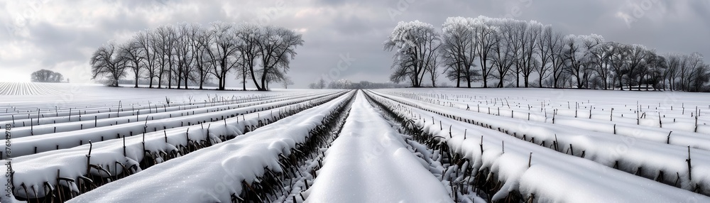 Fototapeta premium Winter landscape with frost-covered crops and bare trees