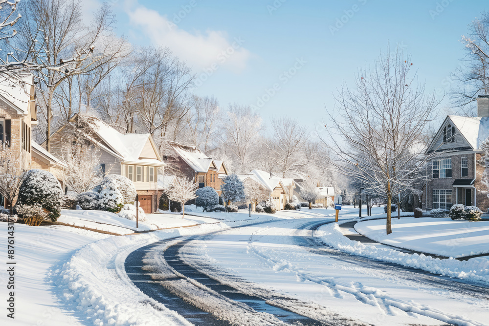 Traditional American residential houses at snowy street. Suburban neighborhood at winter season Traditional American residential houses at snowy street. Suburban neighborhood at winter season
