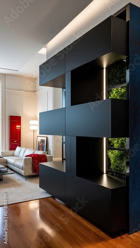 Ultra-modern black matte storage shelves in a sleek, minimalist Scandinavian-style living room