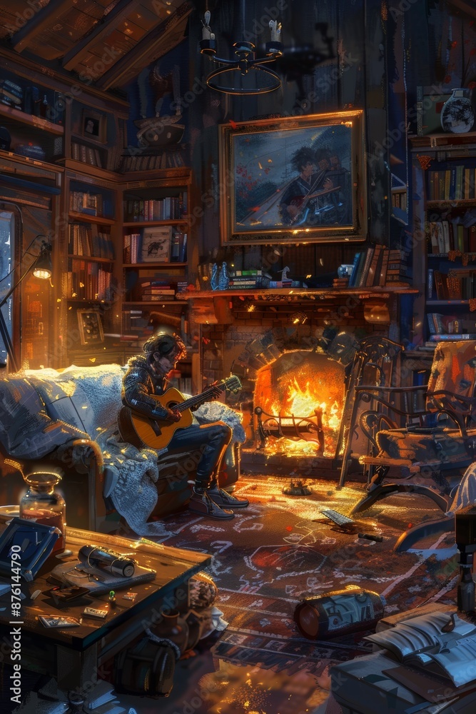 Cozy Winter Evening by the Fireplace with Guitar, Warm Lighting, and Bookshelves for Home Comfort Cozy Winter Evening by the Fireplace with Guitar, Warm Lighting, and Bookshelves for Home Comfort