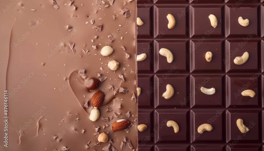 Fototapeta premium Chocolate Bar with Nuts on Gradient Background, Copy Space