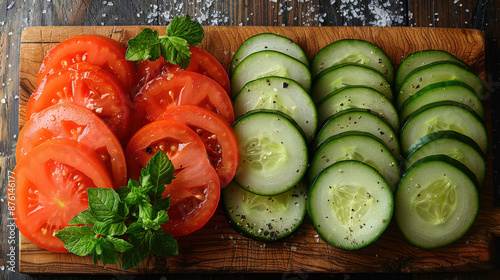 Fresh green cucumber slices and red tomatoes on a white plate make a healthy vegetarian lunch photo