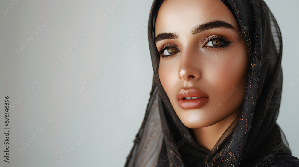 Close-up portrait of a young Arabic woman with striking eyes and a hijab. Her flawless skin and natural makeup highlight her beauty against a matching background.