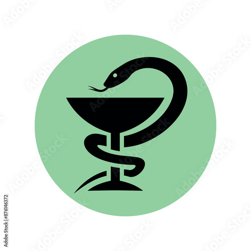 Vessel or cup of Hygieia (Vessel of Hygeia). Bowl and snake icon. Symbol of medicine or poison, hospital or pharmacy. An attribute of a doctor, treatment, or medication.
