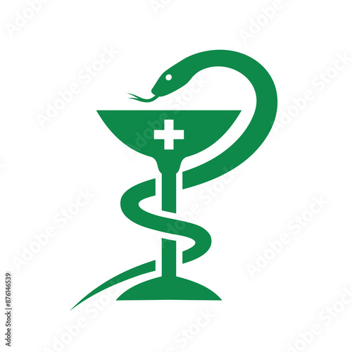 Vessel or cup of Hygieia (Vessel of Hygeia). Bowl and snake icon. Symbol of medicine or poison, hospital or pharmacy. An attribute of a doctor, treatment, or medication.