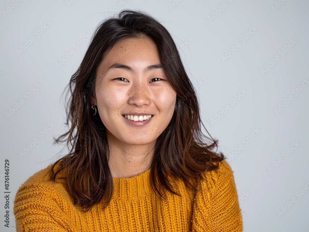 Cheerful Smiling Asian Woman in Yellow Sweater, Korean Art Style, Studio Portrait with Happy Expression on Light Background Cheerful Smiling Asian Woman in Yellow Sweater, Korean Art Style, Studio Portrait with Happy Expression on Light Background