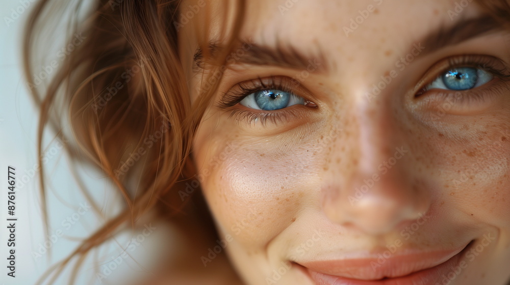 A blue-eyed woman with a very charming smile. AI Generative. A blue-eyed woman with a very charming smile. AI Generative.