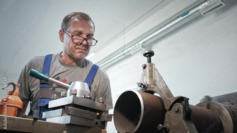 This image captures a machinist adjusting a lathe machine in a workshop. The workers skilled hands are wearing protective gloves, focusing on the task at hand with dedication. This image captures a machinist adjusting a lathe machine in a workshop. The workers skilled hands are wearing protective gloves, focusing on the task at hand with dedication.
