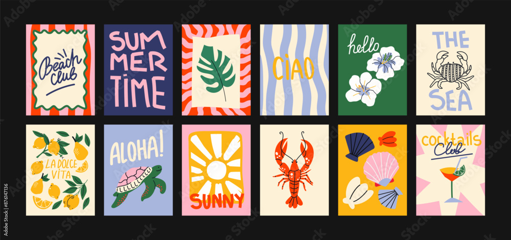 Abstract summer posters in a cartoon style. Decor on the wall, bright banners of summer, relaxation and rest in the minimalist style of Matisse. Decor of wallpaper, walls and postcards