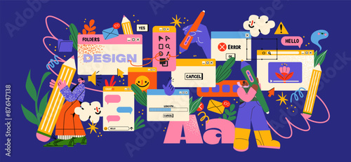 Cartoon characters graphic design workers, online chats and abstract web page frames. Geometric shapes, online worker concept with laptop in doodle style. Creative people artists with pencils. 