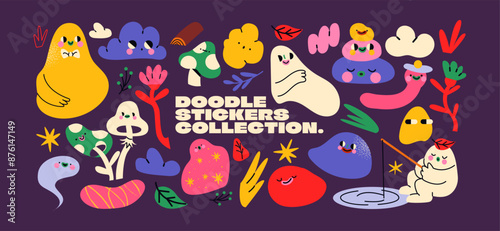 Set cute cartoon doodle stickers in the retro groovy 90s style. Hippie design elements, flowers, pets, fruits. Acid bright sticker pack