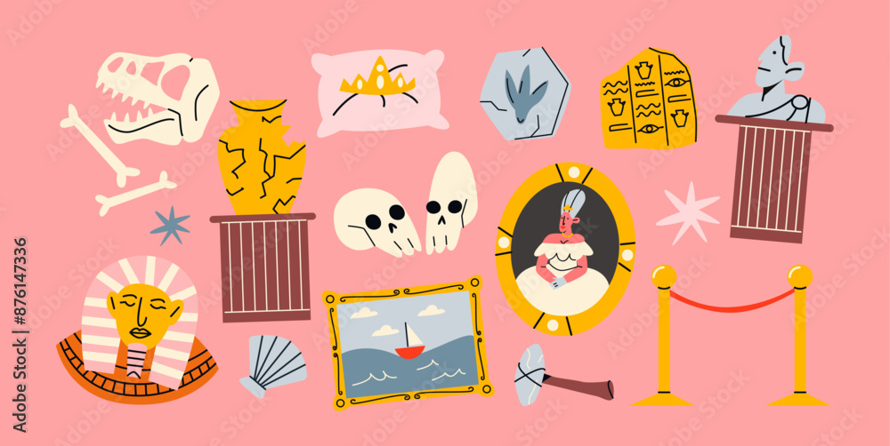 Stickers museum exhibits and antiques. Statue exhibition gallery elements, cultural and art objects. Set of cartoon style archaeological collection elements