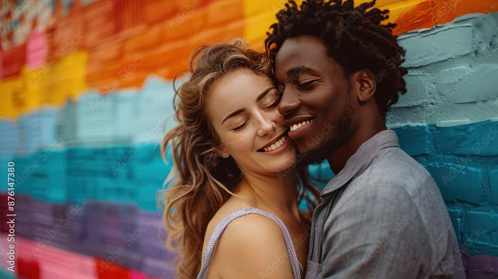 A smiling couple lost in each other's eyes, embracing in front of colorful graffiti A smiling couple lost in each other's eyes, embracing in front of colorful graffiti