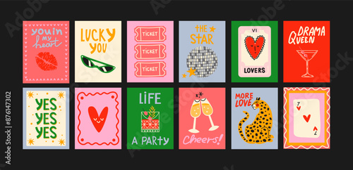 Abstract posters in a minimalist style.Wall decor, trendy banners of summer, fruits, cocktails, disco, animals in the cartoon style of Matisse. Decor of wallpaper, walls, print and postcards