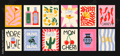 Abstract bright posters in minimalist style. Wall decor, trendy banners of summer, fruits, plants, cocktails in the cartoon style of Matisse. Decor of wallpaper, walls, print and postcards