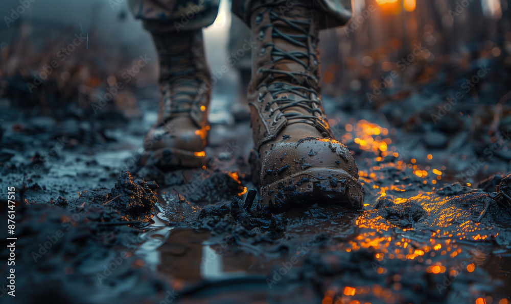 Close-up of muddy boots walking through puddles in the rain.