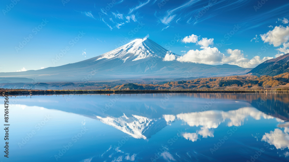 The majestic Mount Fuji is reflected in the mirror-like surface of the lake at dawn, surrounded by light haze and gentle clouds, creating a breathtaking landscape of Japanese nature in its classic inc The majestic Mount Fuji is reflected in the mirror-like surface of the lake at dawn, surrounded by light haze and gentle clouds, creating a breathtaking landscape of Japanese nature in its classic inc