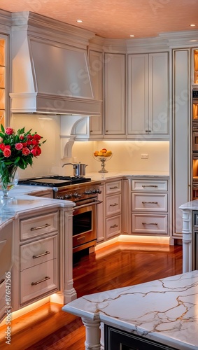 Vibrant kitchen interior, oil on canvas, situated in a lavish California mansion photo