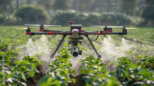 Drone spraying crops with precision, representing the use of technology to enhance agricultural efficiency.